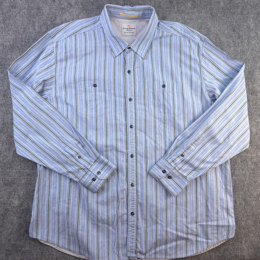 Tommy Bahama Jeans Shirt 2XL Blue Striped Long Sleeve Button Up Island Crafted